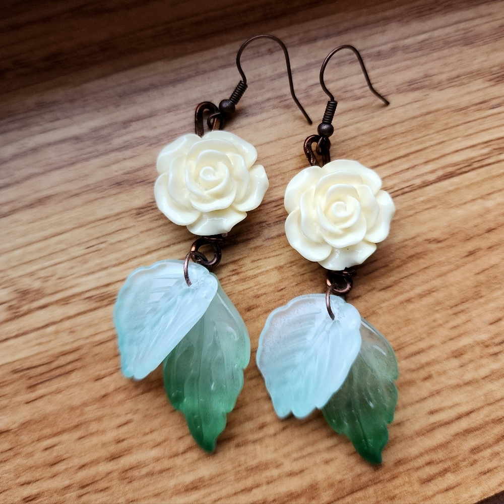 Elegant Cream Rose and Green Leaf Earrings - Picture 1 of 7
